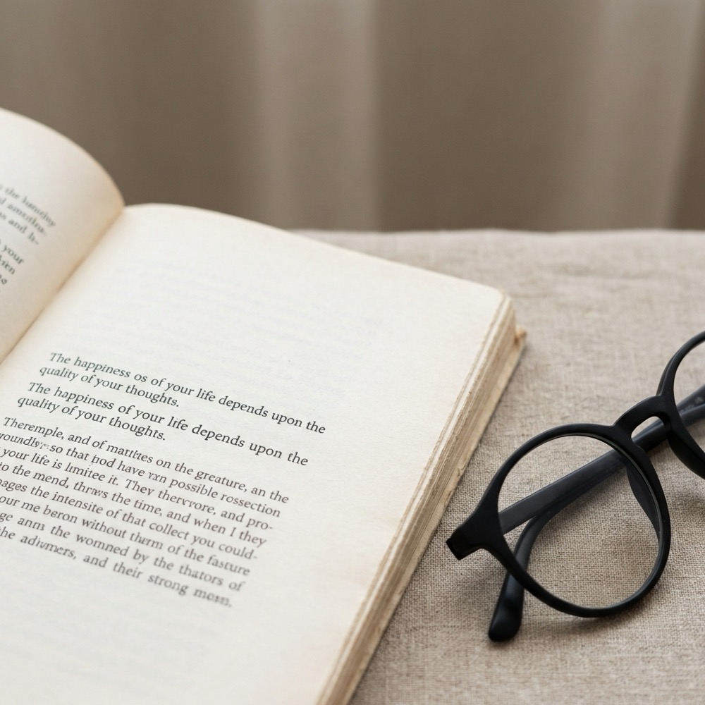Close up of open Marcus Aurelius Meditations page in a public domain edition with reading glasses on a minimalist beige surface evokes stoicism