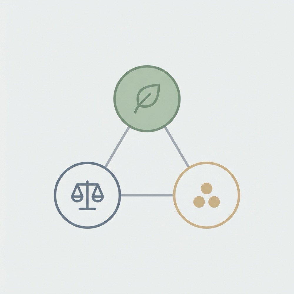 Minimalist 2D vector diagram connecting nature ethics and community in muted LSW colors illustrating stoicism balance and interconnectedness