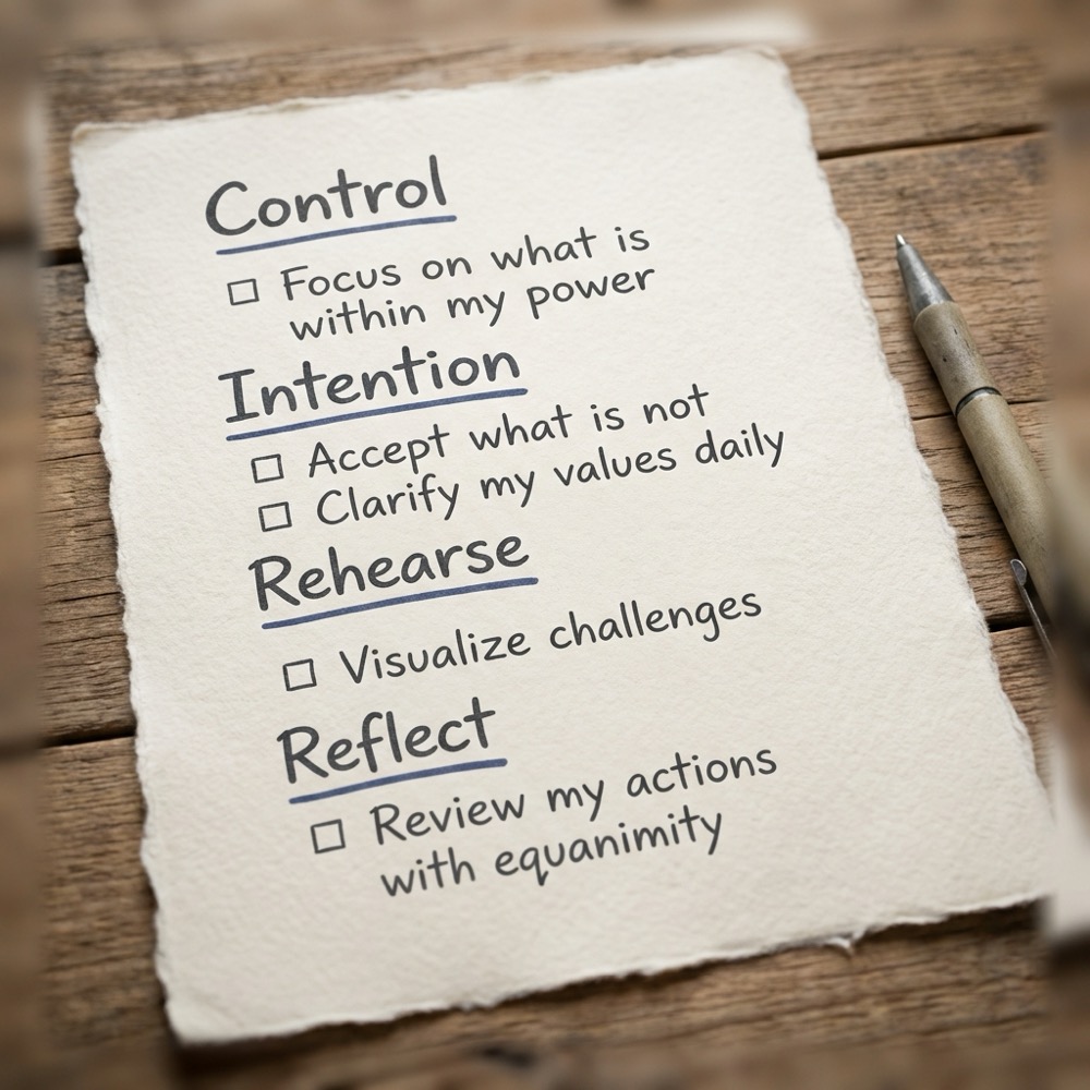 Close up handwritten stoicism checklist on off white paper with headings Control Intention Rehearse Reflect minimalist LSW palette clean layout