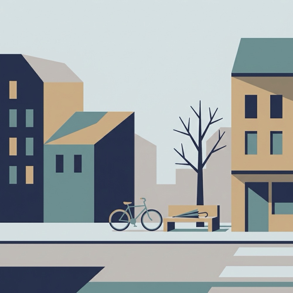 Minimal 2D vector overhead view of an urban street with a single parked bicycle and bench suggesting stoicism clean LSW color palette and calm empty composition