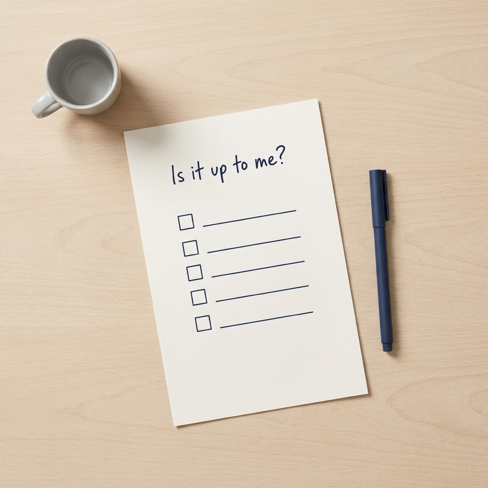 Minimal flat lay of a checklist titled Is it up to me? with pen on a clean desk conveying Stoicism and focused decision making