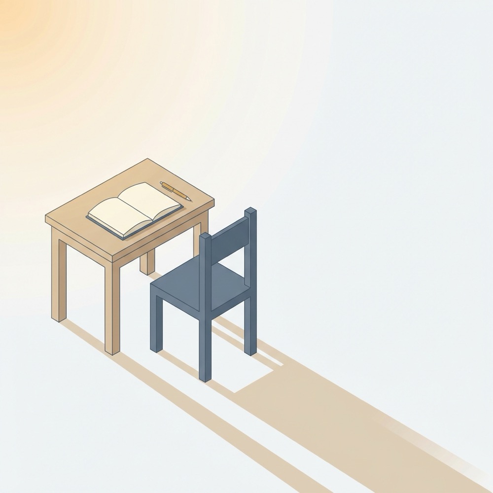 Minimalist 2D vector of a table and empty chair with an open journal and pen in warm early morning light using LSW palette evoking Stoicism and calm intentional journaling