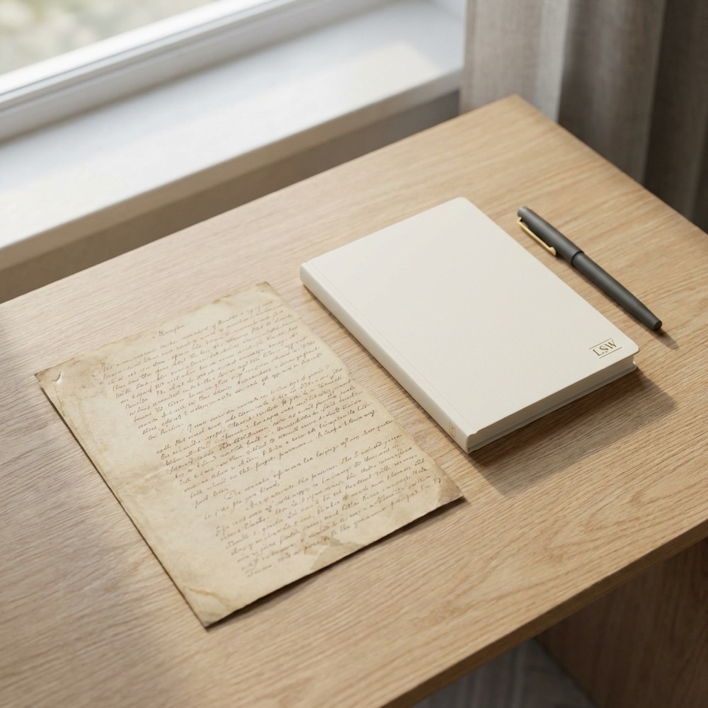 Worn manuscript page of Marcus Aurelius beside a modern notebook and pen bathed in natural window light minimalist stoicism still life