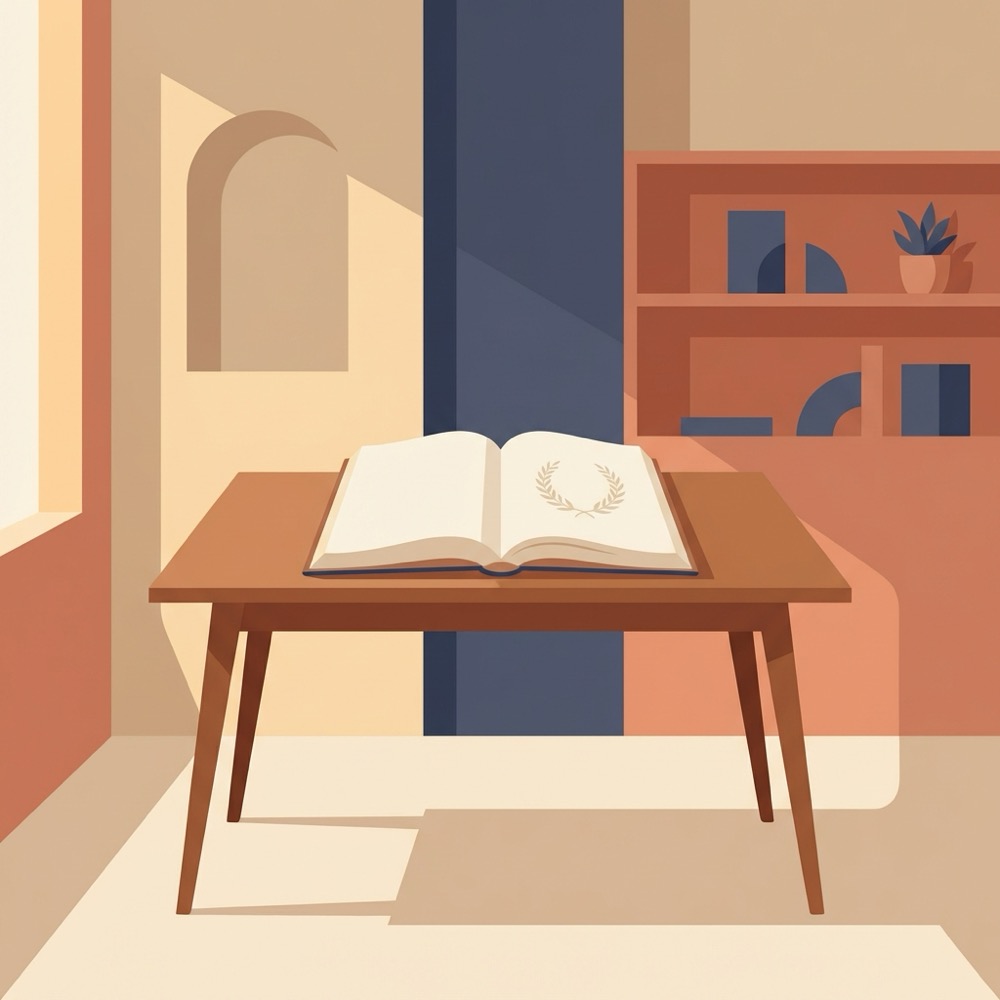 Minimalist 2D vector interior of an empty church study room with a wooden table and an open book showing a laurel emblem suggesting Stoicism warm ambient lighting