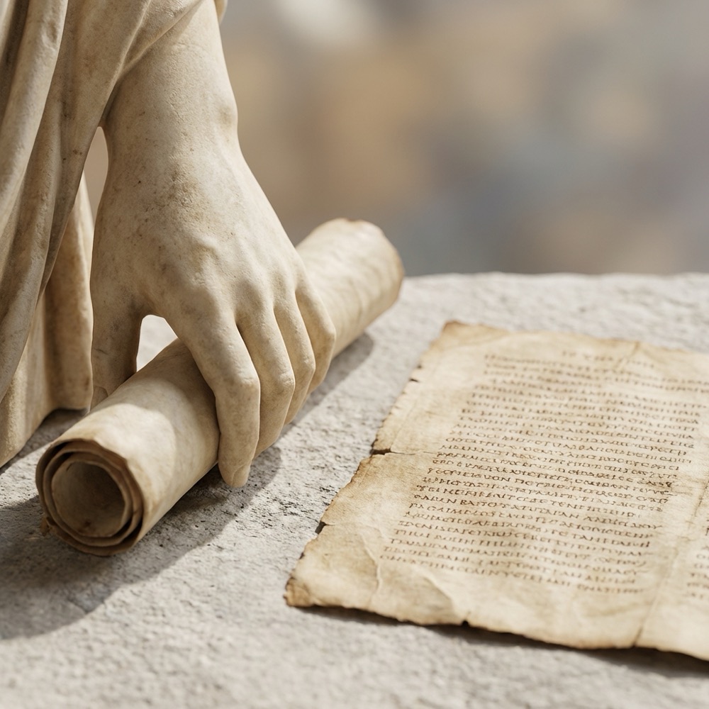 close up of a classical statue hand holding a small scroll beside a worn New Testament codex page in neutral beige and stone tones minimalist composition symbolizing stoicism