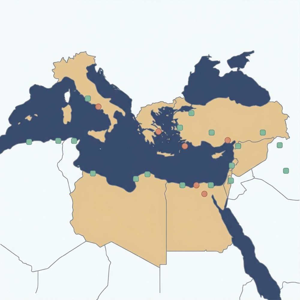 Minimalist 2D vector map of the eastern Mediterranean showing markers for philosophical schools including stoicism and historic Jewish communities in a muted LSW palette