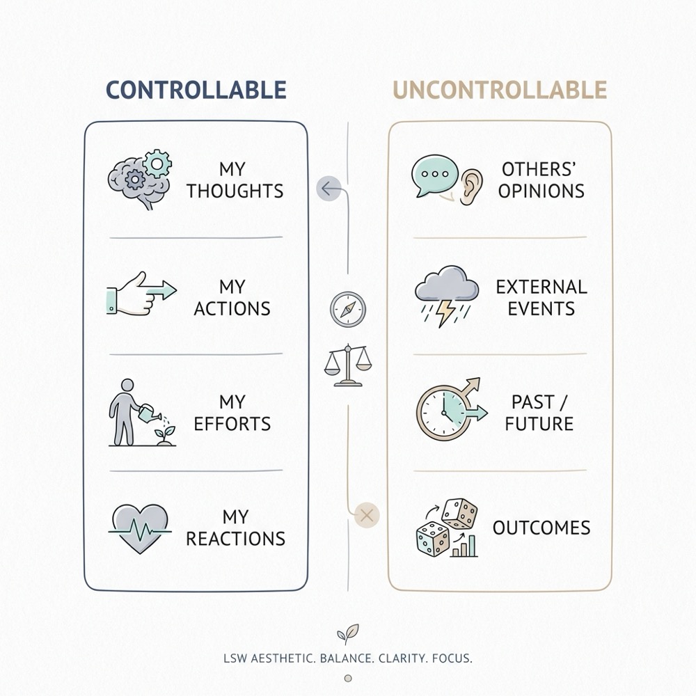 Minimalist sketch diagram of the dichotomy of control for stoicism two columns labeled controllable and uncontrollable in LSW brand colors
