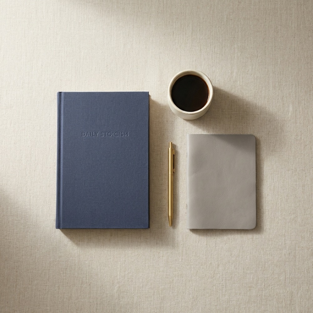 Minimalist top down flat lay of a stoicism book on a beige surface with coffee pen and notebook in LSW muted navy and warm beige palette full frame composition